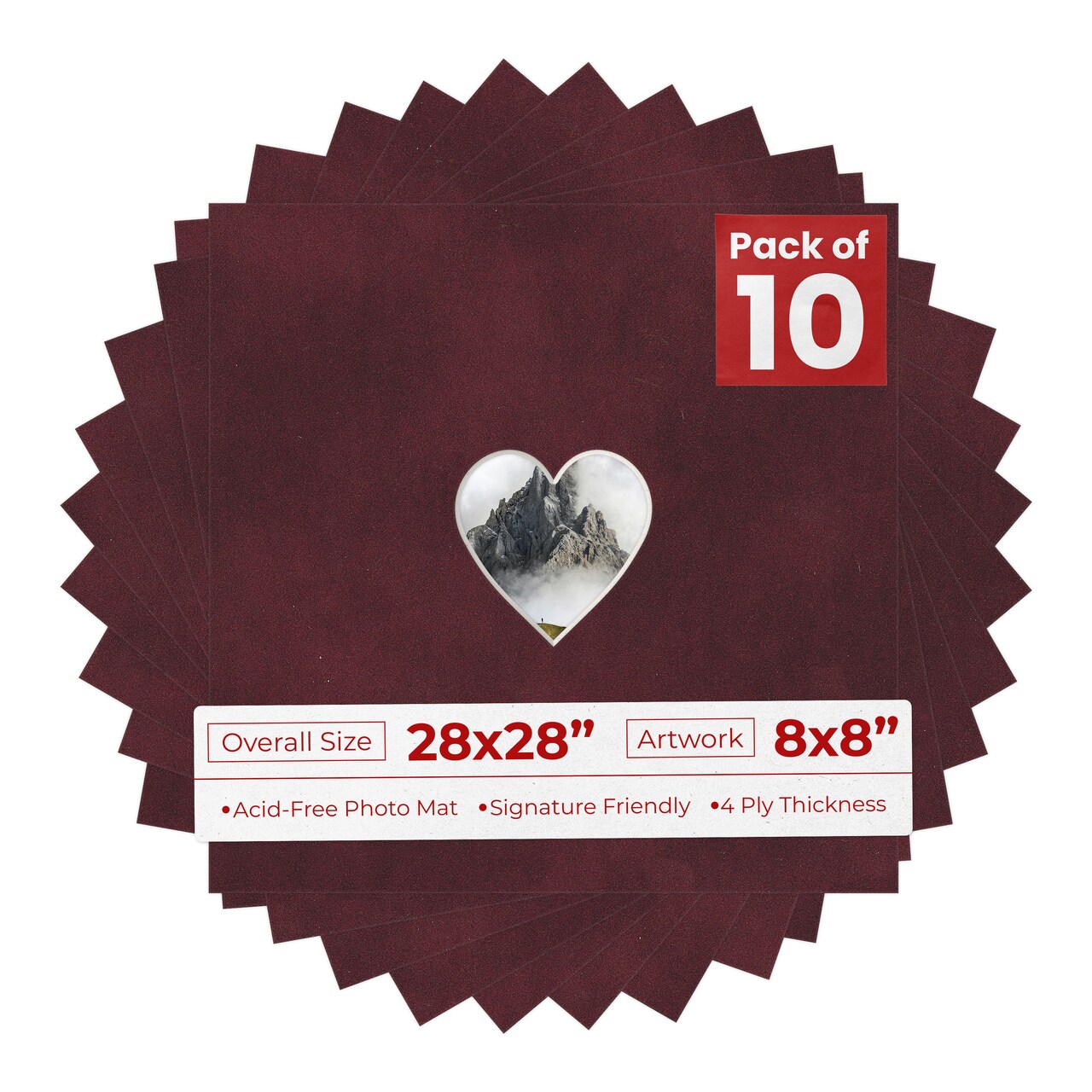 Dark Red Suede Mat Board for 28x28 Frames - Heart Opening for 8x8 Photos